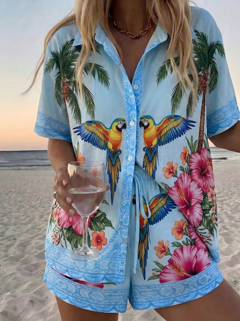 Baby Blue Boho Women's Casual Coconut Tree Floral Print Top And Shorts Set